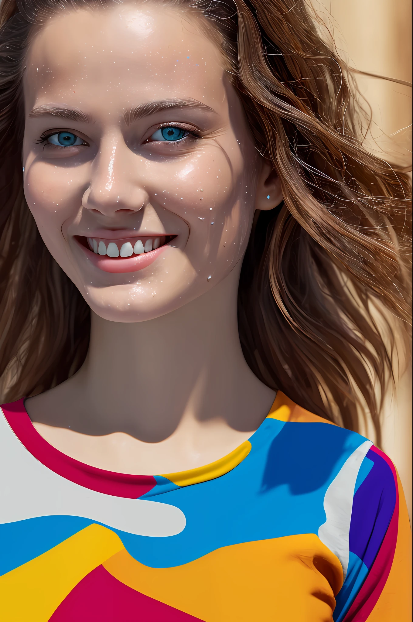 There is a woman with a colorful shirt smiling at the camera - SeaArt AI