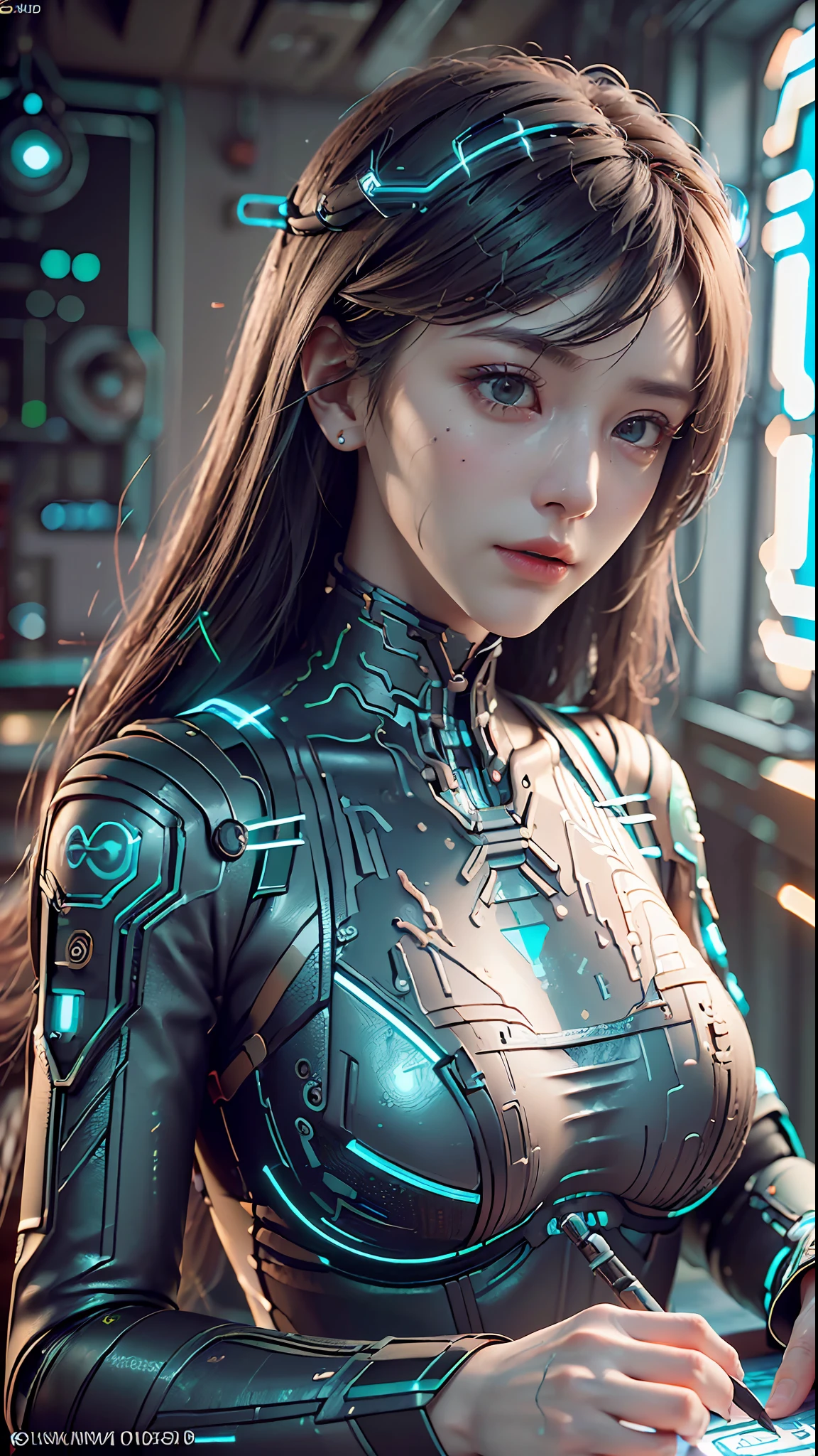 ((Best quality)), ((masterpiece)), (detailed:1.4), 3D, a beautiful cyberpunk female figure with thick hair, indoors, looking at an electronic screen, thinking about problems, looking focused, holding an electronic pen in hand, inside the spaceship, (((seven-dimensional photo)), (full-coverage electronic leather clothing), luminescence, light particles, (((glow)), pure energy chaos anti-technology, HDR (high dynamic range), (high light and dark contrast), ray tracing, NVIDIA RTX, Super-Resolution, Unreal 5, Subsurface scattering, PBR Texturing, Post-processing, Anisotropic Filtering, Depth-of-field, Maximum clarity and sharpness, Multi-layered textures, Albedo and Specular maps, Surface shading, Accurate simulation of light-material interactions, Perfect Proportions, Octane Render, two-tone lighting, large aperture, low ISO, white balance, rule of thirds, 8K RAW