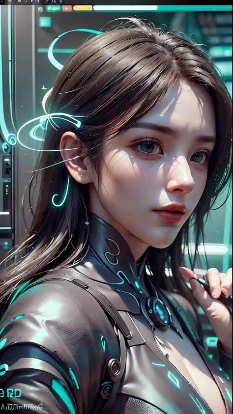 ((Best quality)), ((masterpiece)), (detailed:1.4), 3D, a beautiful cyberpunk female figure with thick hair, indoors, looking at ...