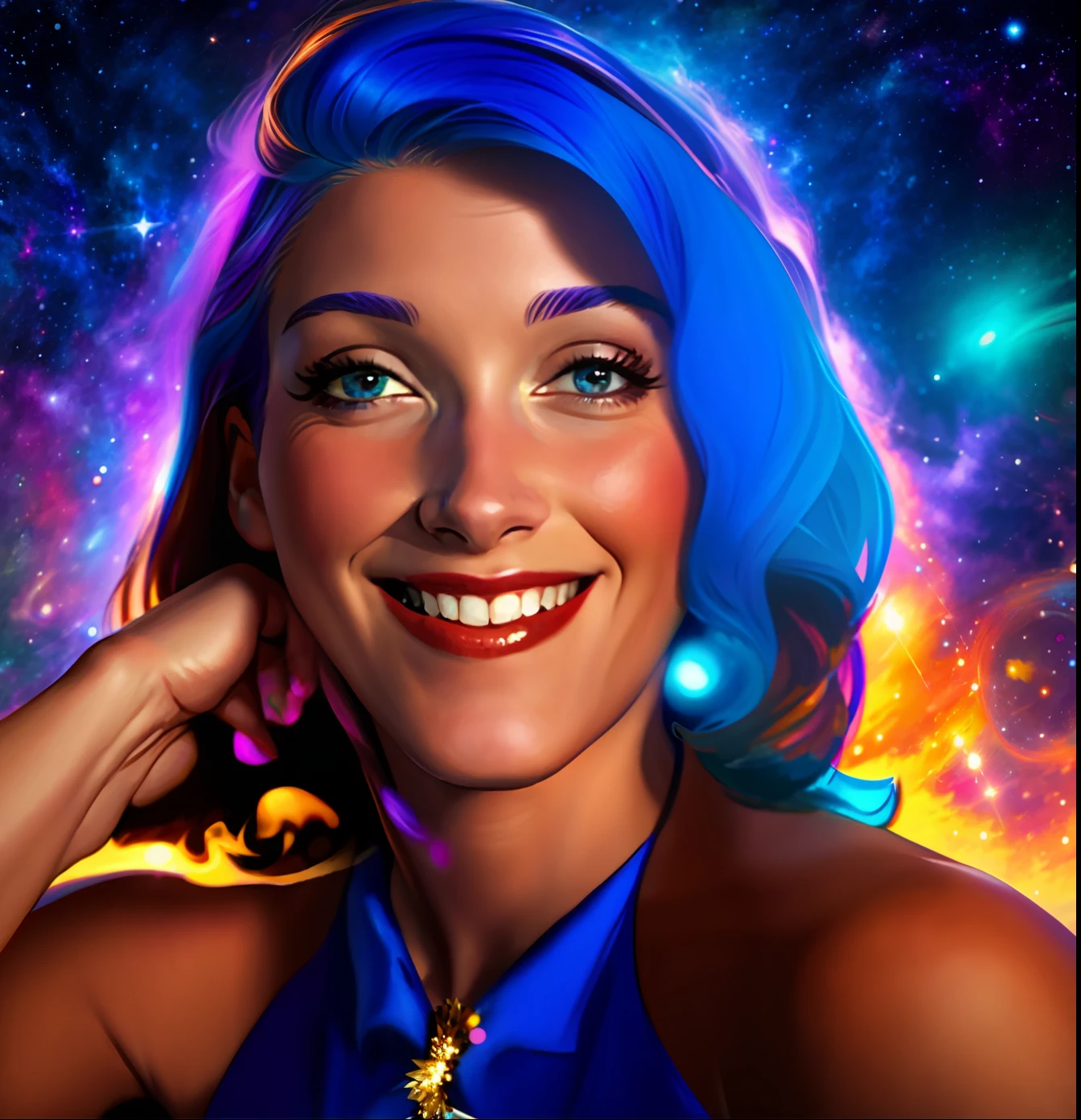 A woman, according to the photo, purple and blue hair, up to her shoulder, honey brown eyes, smile on her face, princess outfit. Colorful cosmic space background in circular motion. Standard human body, two legs, two arms, perfect hands, high definition face, perfect human face, digital illustration, oil painting, high quality, dynamic lighting, ethereal lighting, ultra detail, elegant, masterpiece