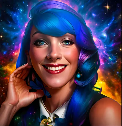 A woman, according to the photo, purple and blue hair, up to her shoulder, honey brown eyes, smile on her face, princess outfit....