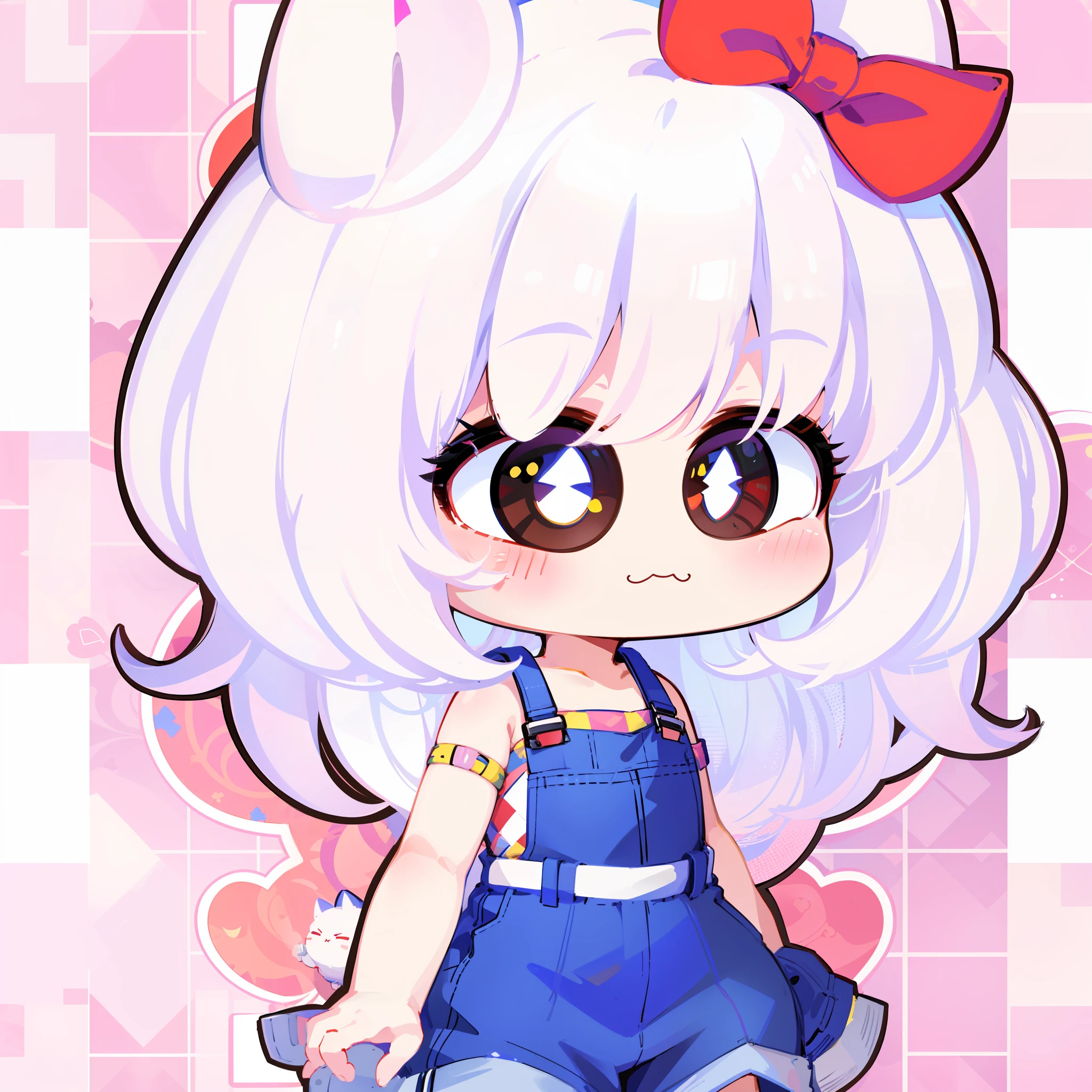 cartoon girl with a bow and overalls standing in front of a pink checkered background, cute character, cute art style, original chibi bunny girl, white cat girl, full body portrait of a short!, chibi style, cartoonish cute, small curvy loli, inspired by Kanbun Master, cute kawaii girl, loli, kawaii chibi, chibi