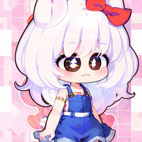 cartoon girl with a bow and overalls standing in front of a pink checkered background, cute character, cute art style, original ...