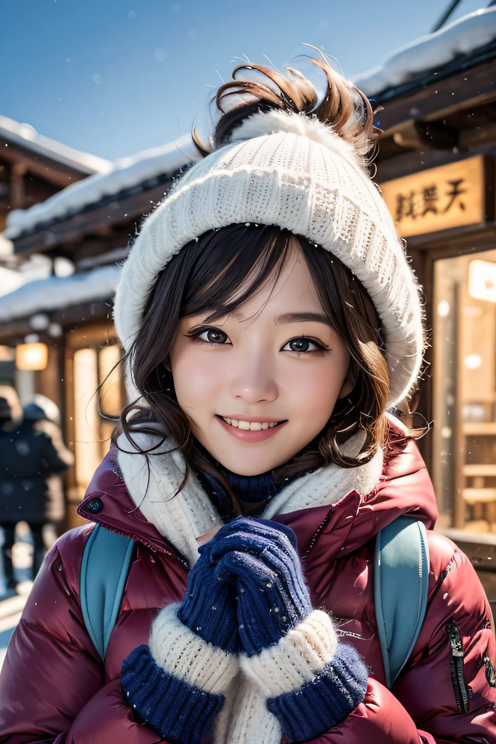 f Winter, Ski Resort, Studio Light, Depth of Field, Upper Body, Slender, Cute Face, Big Smile, Beautiful Detail Eyes, No False Eyelashes, 19 Years Japan, Cute, Warm Brown Voluminous Curls, Ski Wear, Knitted Gloves