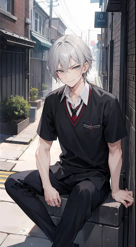 1man, wearing a School uniforms, gray eyes, stylish modern gray hair, was sitting in a quiet alley at night , badass, glare, sly...