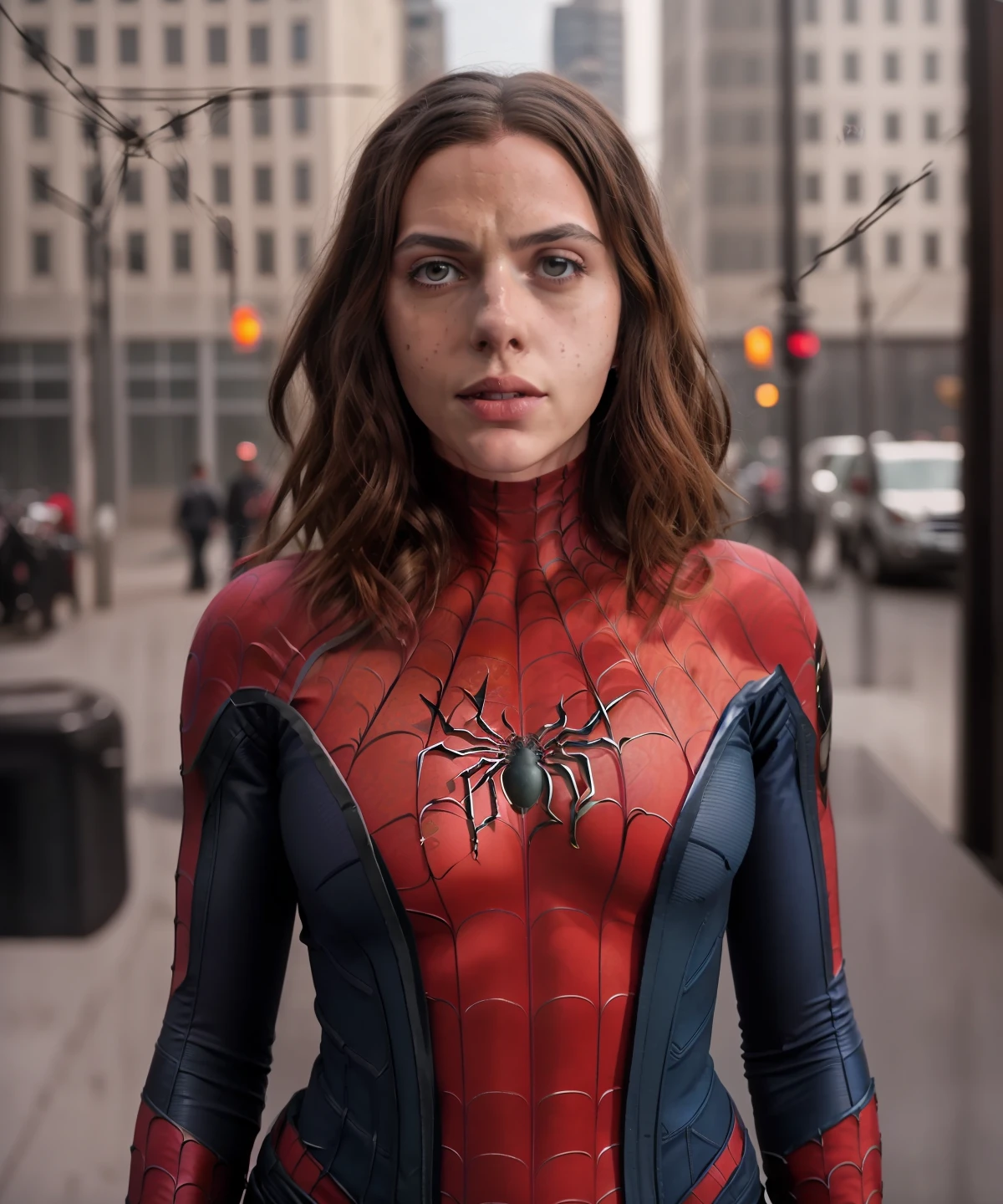 Spider-man is a woman, wearing traditional spider-man costume, detailed costume, ((costume covers whole body)), detailed face, freckles, spider symbol on detailed chest, ((skinny female body)), thin waist, thin hip, heroine posture, 8k front font camera, uhd, perfect lighting, more vivid colors, high quality, sharp focus, fujifilm XT3