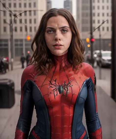 Spider-man is a woman, wearing traditional spider-man costume, detailed costume, ((costume covers whole body)), detailed face, freckles, spider symbol on detailed chest, ((skinny female body)), thin waist, thin hip, heroine posture, 8k front font camera, u...