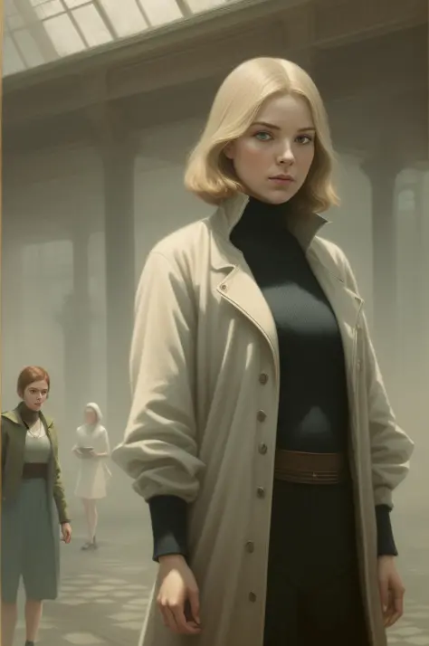 misty and an apple ad showing an isolated white woman, look for the audience in the style of science-fiction dystopias, detailed...