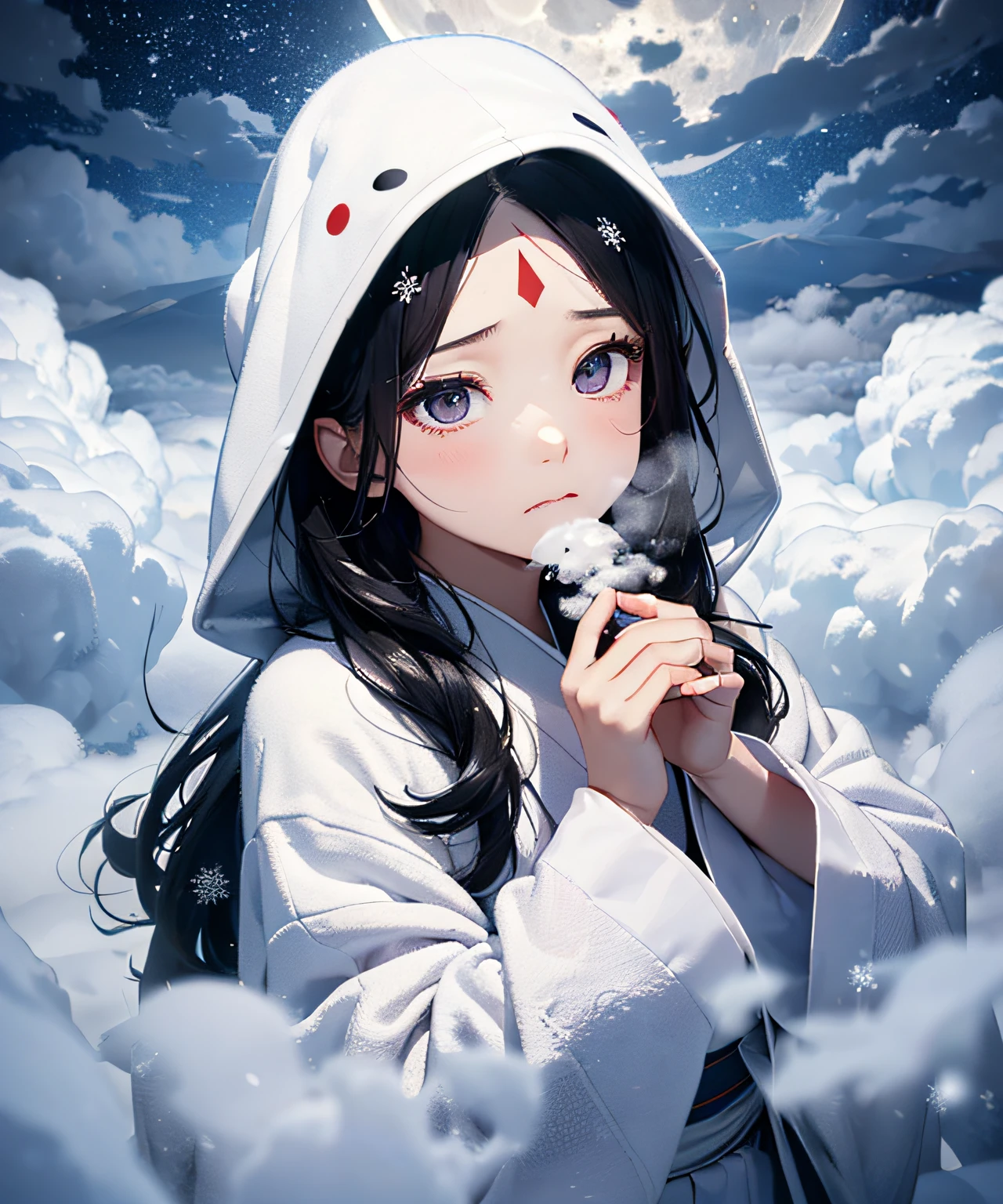 Masterpiece, Illusion, Ghost of a Girl, White Costume, ((Death Costume)), (Sutra Mail), (Triangular Hood on the Forehead), Japan Kimono, Monochrome, Full Body, (Snowy Forest), (Dream: 1.2), Scary Dream, ((Dense Fog: 1.8)), (Fog so thick that it becomes difficult to see the figure)), (Den), Dry Ice, (((Coming out of dense fog: 1.8))), ((Image born from thick fog: 1.8))), ( Gradation from white to black), (fade in from white to black), (fog dissipation: 1.5), (snowstorm: 1.5), earth storm, dead trees, deep forest, (falling snow: 1.5), anger, sadness, melancholy, beautiful snow woman, beautiful and beautiful, sea of clouds, above clouds, night, moonlight, long black hair, hair glossy