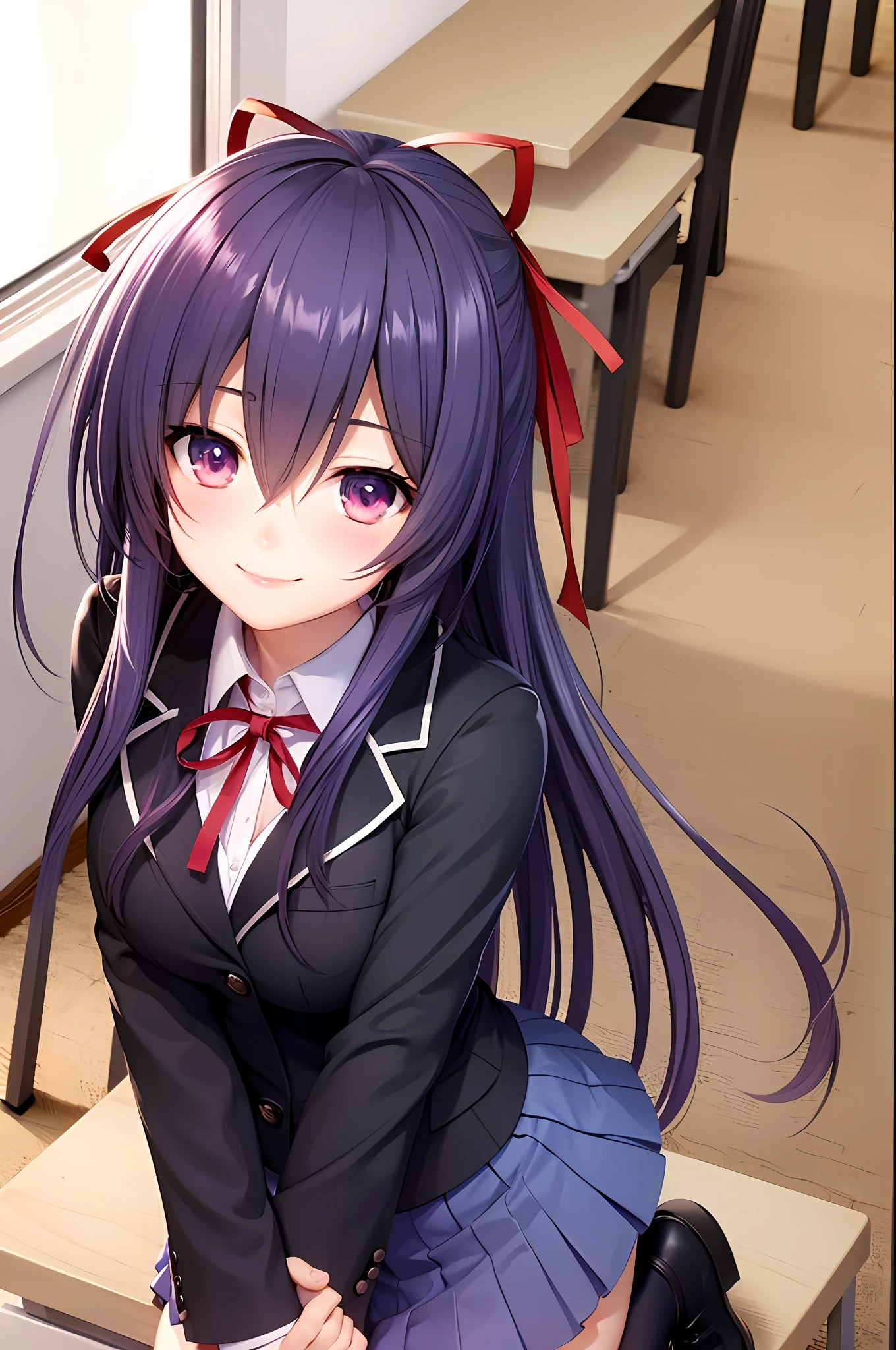 Yatogami tohka, , blazer, cleavage, medium breasts, best quality, long hair, pony tail, red ribbon hair, masterpiece, highres, best quality, blush, smile shy, sexy pose, indoor, chair, classroom, window, pleated skirt, stocking, thighhigh,