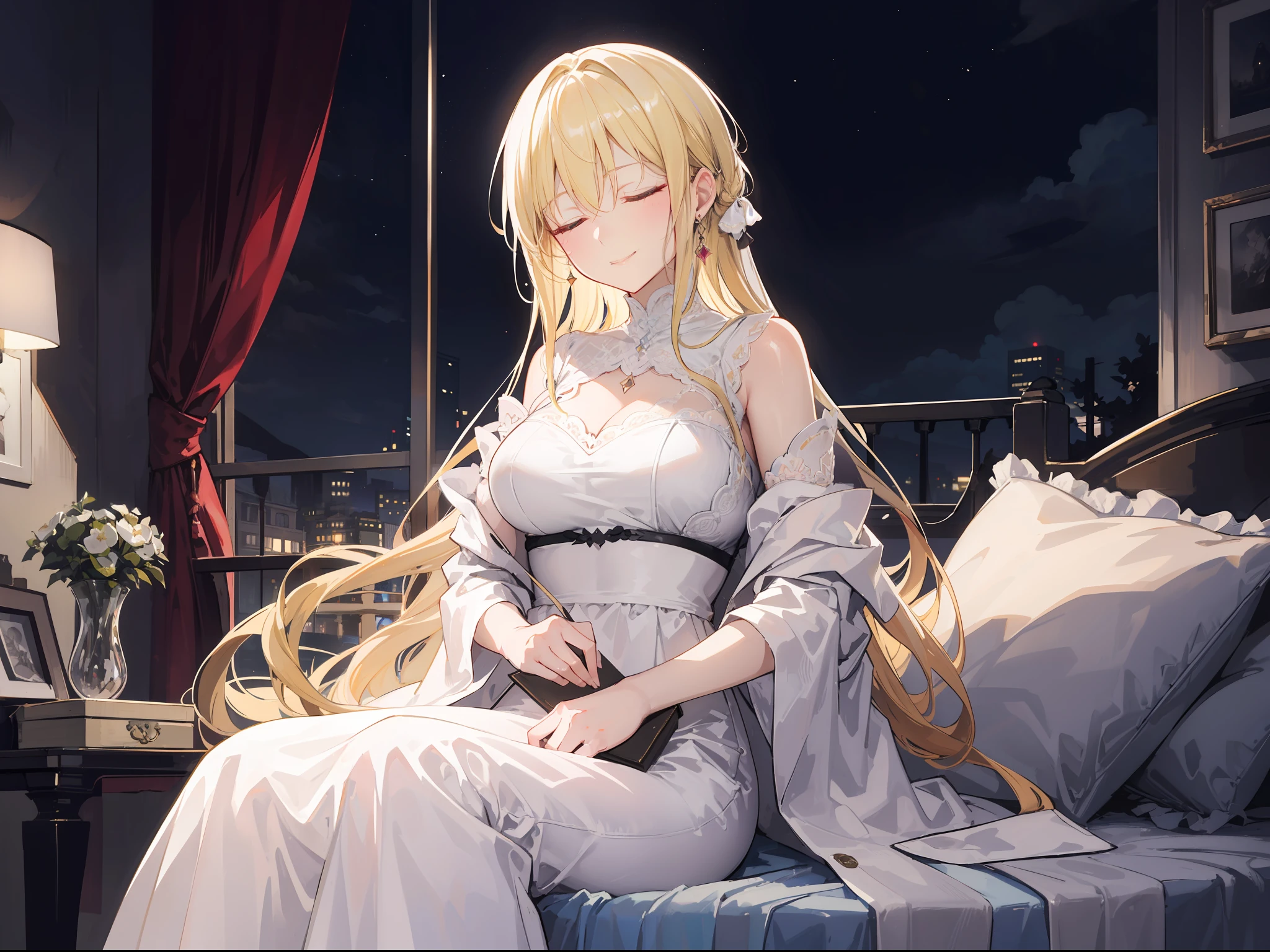 Anime girl sitting on a bed with a night sky background - SeaArt AI