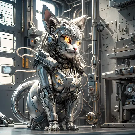 Cyberpunk, three mechanical cats, cyberpunk style bar, drinking beer, one of the cats is close to the camera, with a melancholy ...