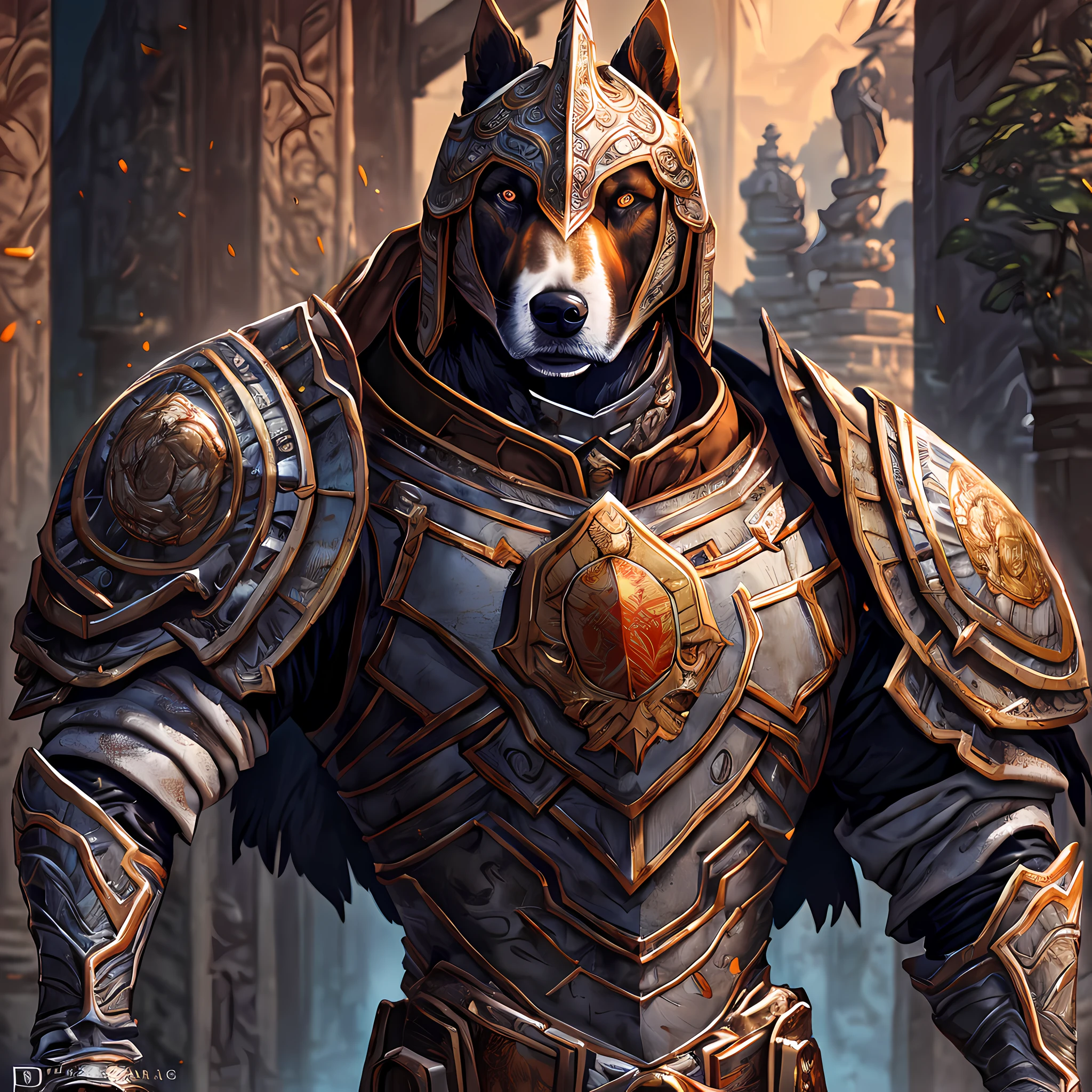 Masterpiece, best quality, epic dog knight, loyal and brave dog, exquisite armor helmet, intricate design, Huihong architecture, cinematic lighting, 4K, picture ratio best