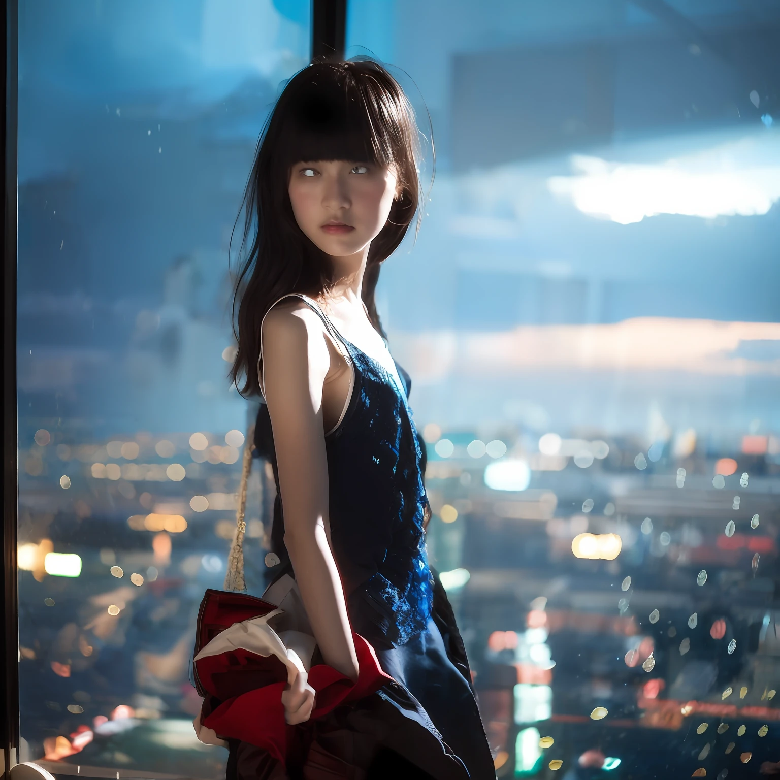 柔焦背景站在柔焦照片中，身穿香奈儿的日本少女站立, 她的脸和身体受到室内舞台光影的强烈影响