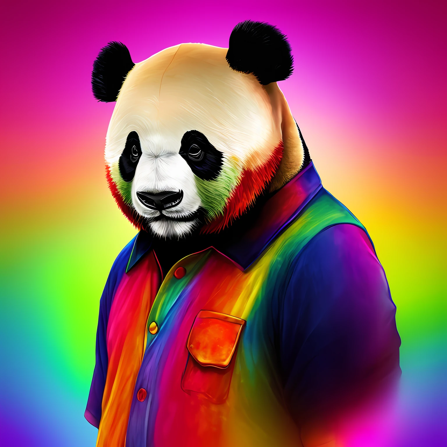 Personnification du panda, la tête est un panda géant, le corps est humain, Des vêtements colorés, l&#39;arrière-plan est la savane --auto