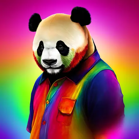 Panda personification, head is a giant panda, body is human, colorful clothes, background is savannah --auto