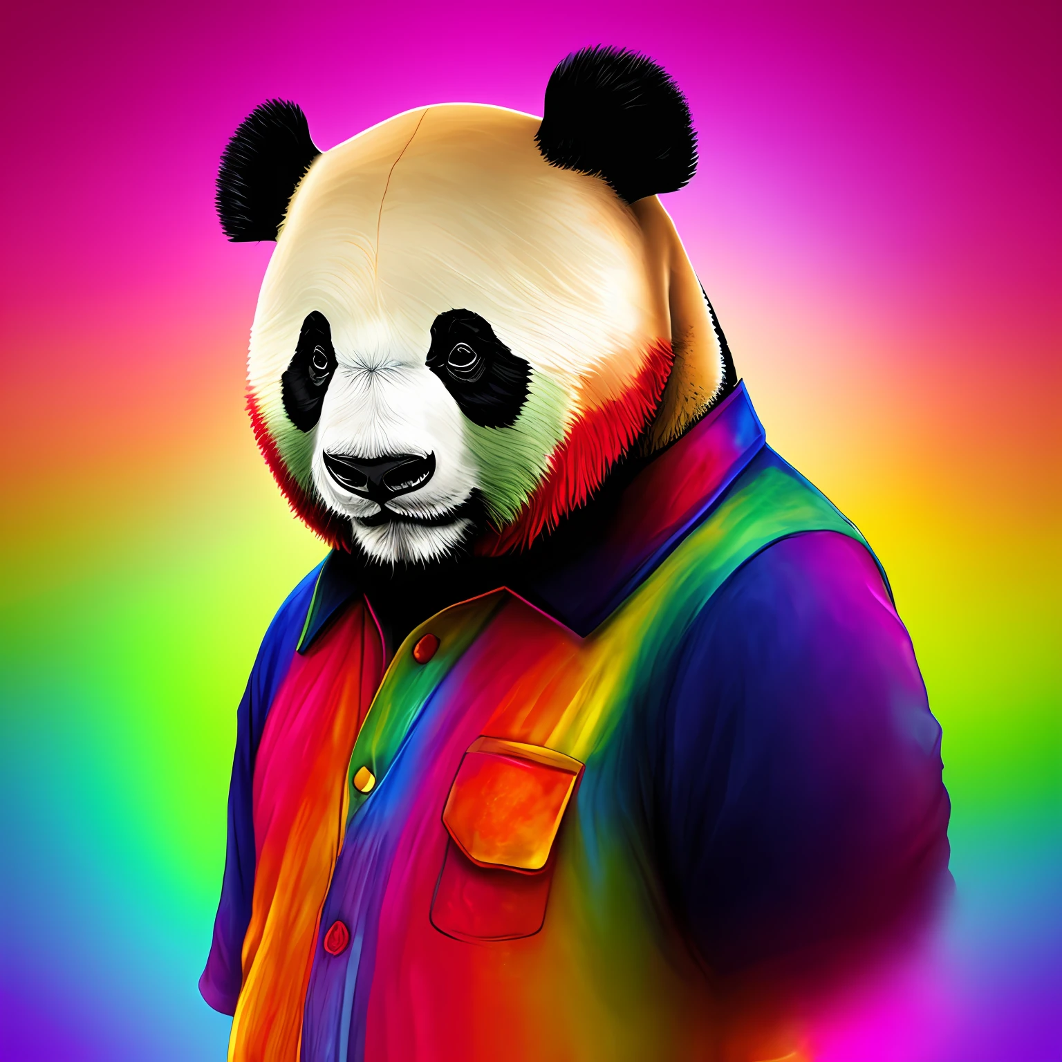 Персонификация панды, голова - большая панда, тело человеческое, красочная одежда --авто