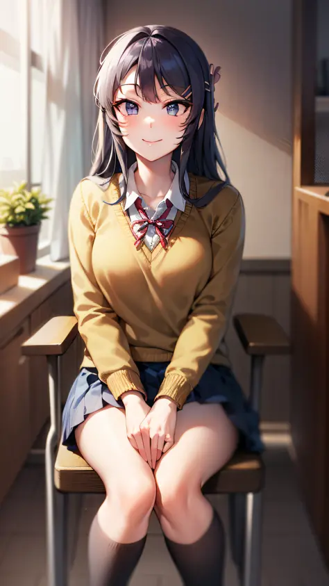 Mai Sakurajima, sitting in a chair in a room, pale light, smiling, wearing a school uniform