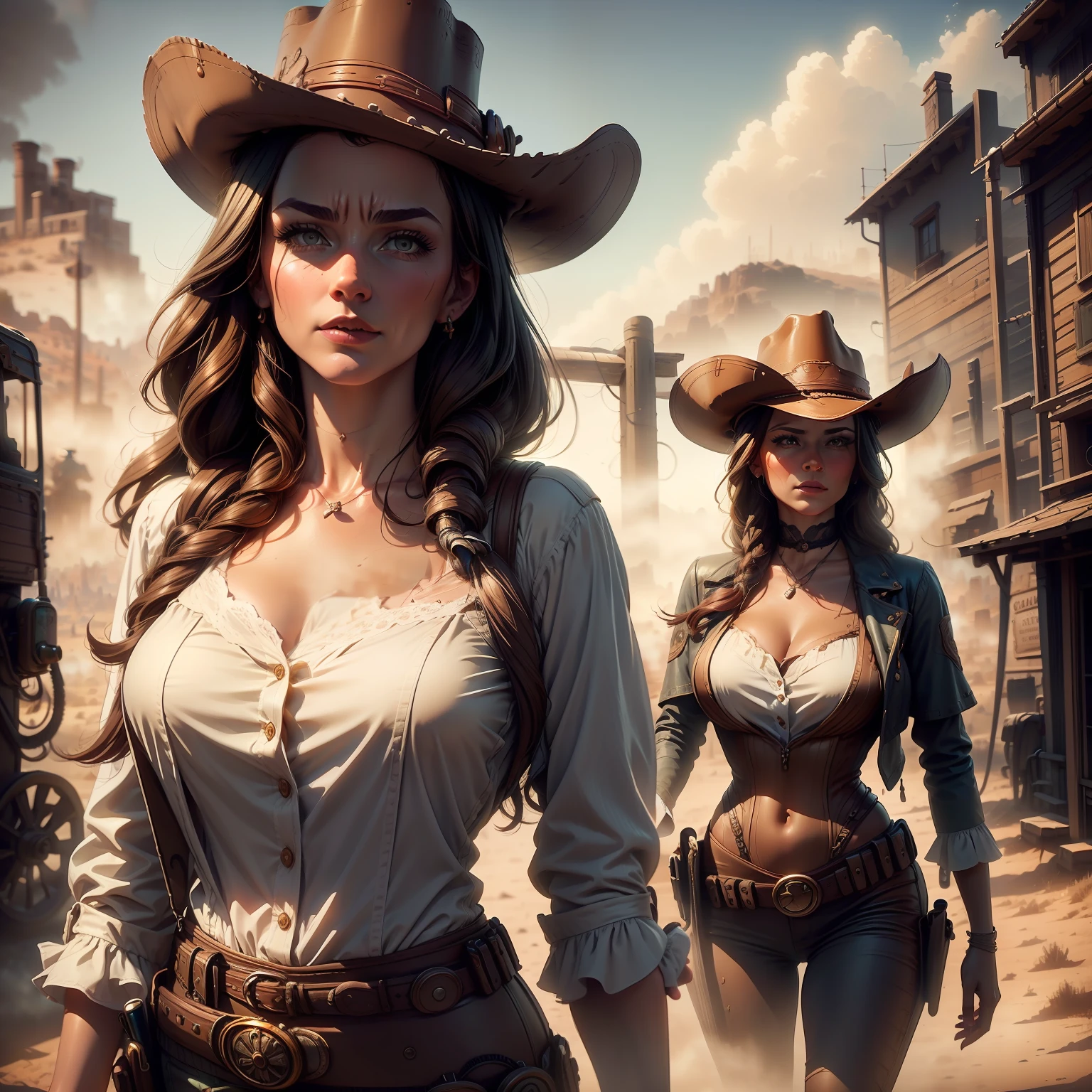 STYLE; Beautiful women in the American wild west. IMAGE QUALITY; Hyper realistic, ray tracing, HDR10, IMAGE FILTER; 1998 Chamber. GENDER; Old movie. EMOTION; Wild West, melancholy and cinematic. SCENE; Women walking down the street from the old west, dressed in old west clothes, TREND; Art from Red Dead Redemption 2. TAGS; Close-up cinematic framing. CAMERA; Red Dragon 8k camera. FOCAL LENGTH; 23 mm wide lens. TYPE OF SHOT; Wide shot. COMPOSITION; Low angle. LIGHTING; Sky light backlight, realistic photo, mist in the air. TIME OF DAY; Golden hour. TYPE OF LOCATION; Street with Wild West themed houses.