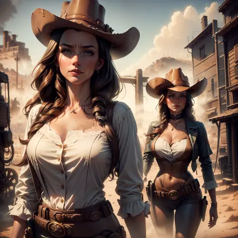 STYLE; Beautiful women in the American wild west. IMAGE QUALITY; Hyper realistic, ray tracing, HDR10, IMAGE FILTER; 1998 Chamber...