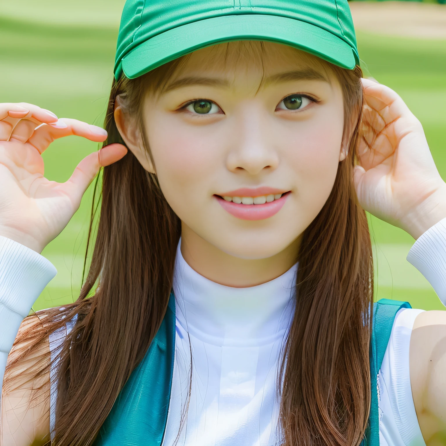 Beautiful young woman on golf course, Japan pretty girl, perfect face, beautiful and cute, wearing sun visor, sleeveless, full body white wear, setup, super mini skirt, trained body, putting on the green (full body, close-up shooting), looking at the camera, [smiled, surprised], frank, professional, (raw, 8K, UHD, Fujifilm XT3), soft focus, highly detailed face, high socks, white golf shoes,