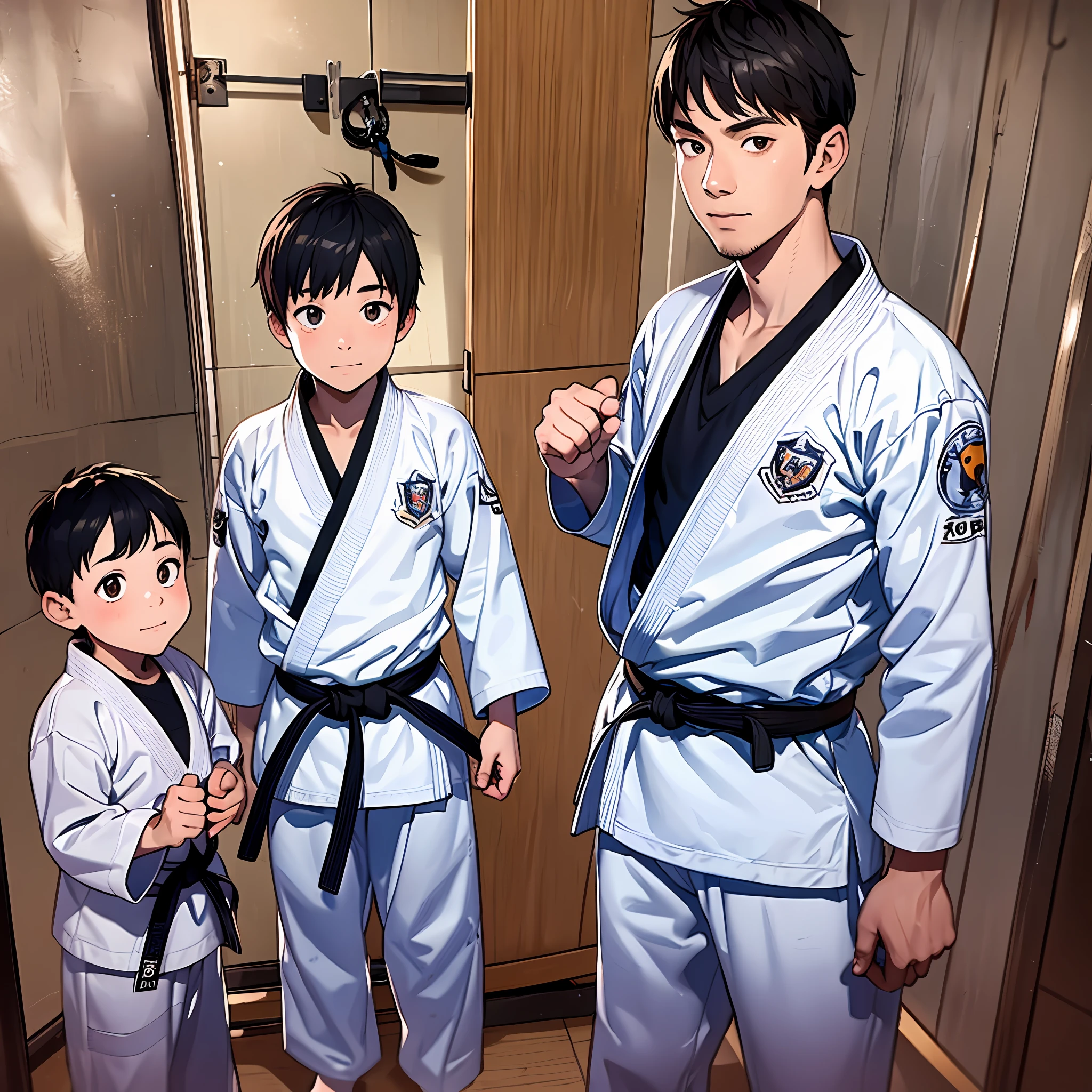 Anime characters in karate uniforms standing in a room - SeaArt AI