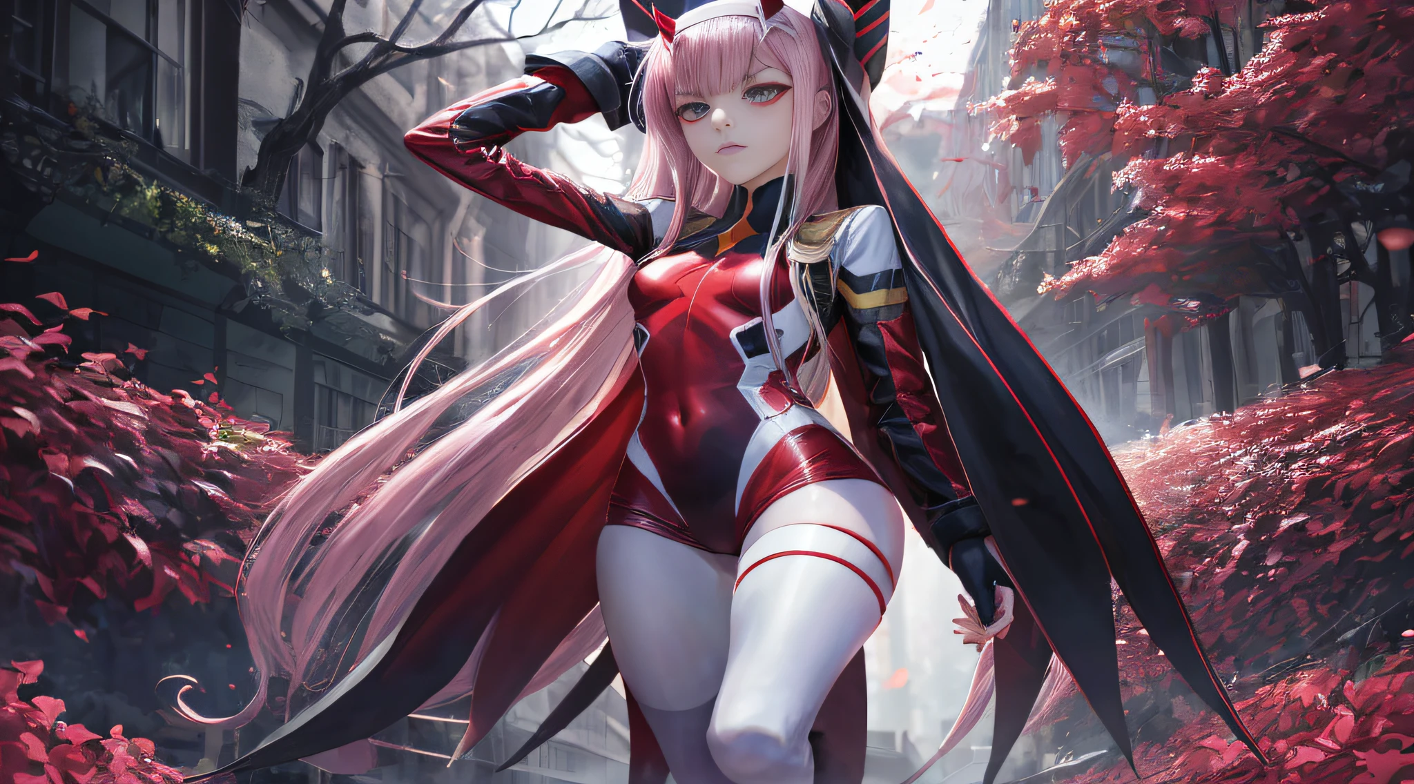 (((full body)),zero two \(darling in franxx\), darling in franxx, 1girl, bangs, bite, blush, eyeshadow, green eyes, hair behind head, horns, long hair, makeup, pink hair, red eyeshadow, science fiction, tight skin, solo. (( front)) ,(((side))) (((back))) , thighs, small breasts