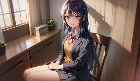 Mai Sakurajima, sitting in a chair in a room, pale light, smiling, wearing a school uniform