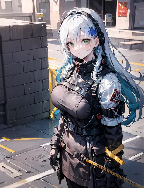 (h&k hk416), ((1 girl sniping: 1.6)), giant robot engages, from above, (wide view), thick body, photorealistic: 1.4, long blonde...