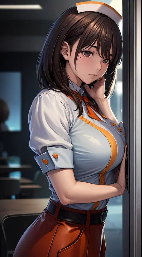 anime girl with big breasts posing in front of the window, ((waitress uniform: 1.2))),((no bra)), are see-through)), (((looks aw...