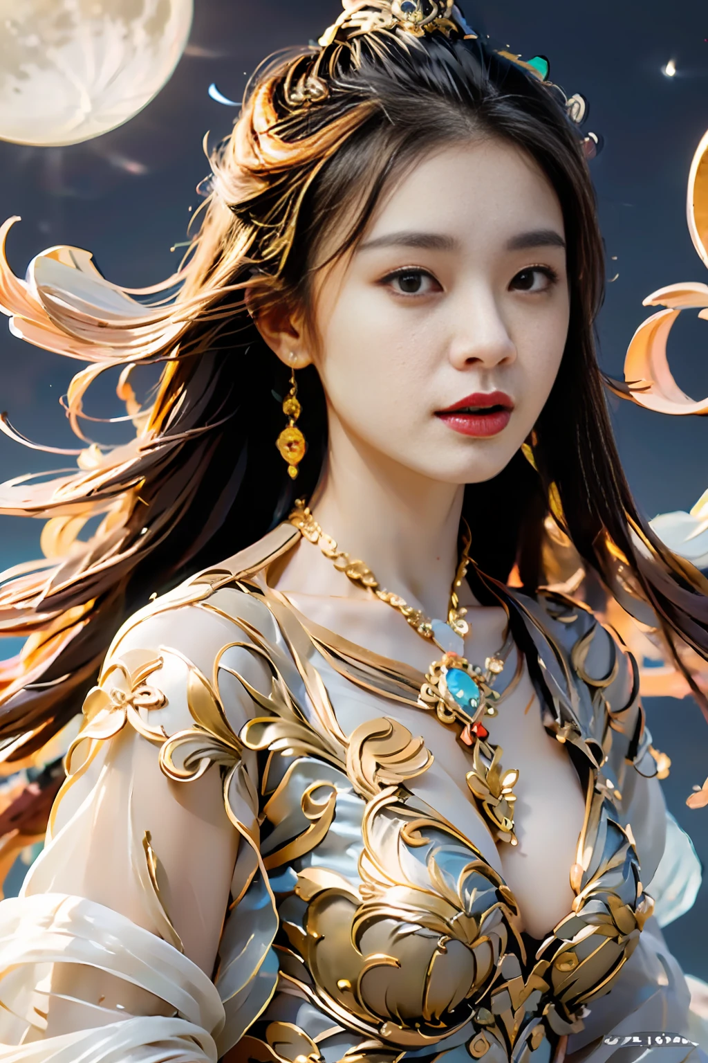 Full Shot, Masterpiece, Night, Milky Way, Moon, Best Quality, Full Body Shot, Period Costume, Realistic, 1 Girl, Urzang, (PureErosFace_V1:0.7), 1 Girl Under the Moon ((Flying)), Chinese Immortals, dunhuang_cloths, dunhuang_style, (Chinese palace in the sky in the background: 1.5), (clouds on the ground: 1.5, surrounded by smoke: 1.5), best quality, realistic, realistic, award-winning illustrations, (complex details: 1.2), (fine details), (intricate details), (cinematic light, best quality backlight), clear lines, fashion girl, sharp focus, realistic face, detailed face, official art, Unity 8k wallpaper, super high resolution, (realistic: 1.5), looking at the viewer, ulzzang-6500，