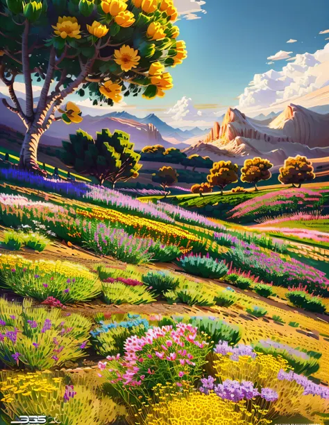 image of a sunny one-day landscape, just the landscape with flowers, flowery field, no people, no animals, vibrant childish, art...