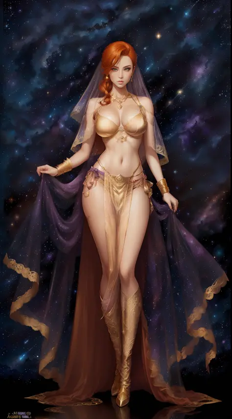 ((full body)), (((head to toe))), 1 female, solo, beautiful blushing slender Sagittarius of Aquarius (((with ginger hair))), small bust, narrow waist, thin legs, (((against Aquarius starry sky background))), (((gorgeous gold lace brassiere, loincloth))), a...