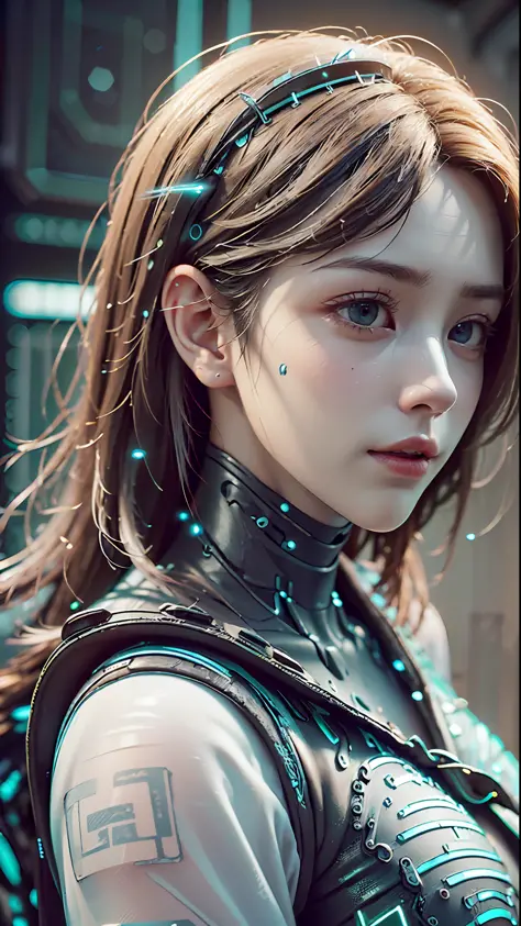 ((Best quality)), ((masterpiece)), (detailed:1.4), 3D, a beautiful cyberpunk female figure with thick hair, indoors, looking at ...