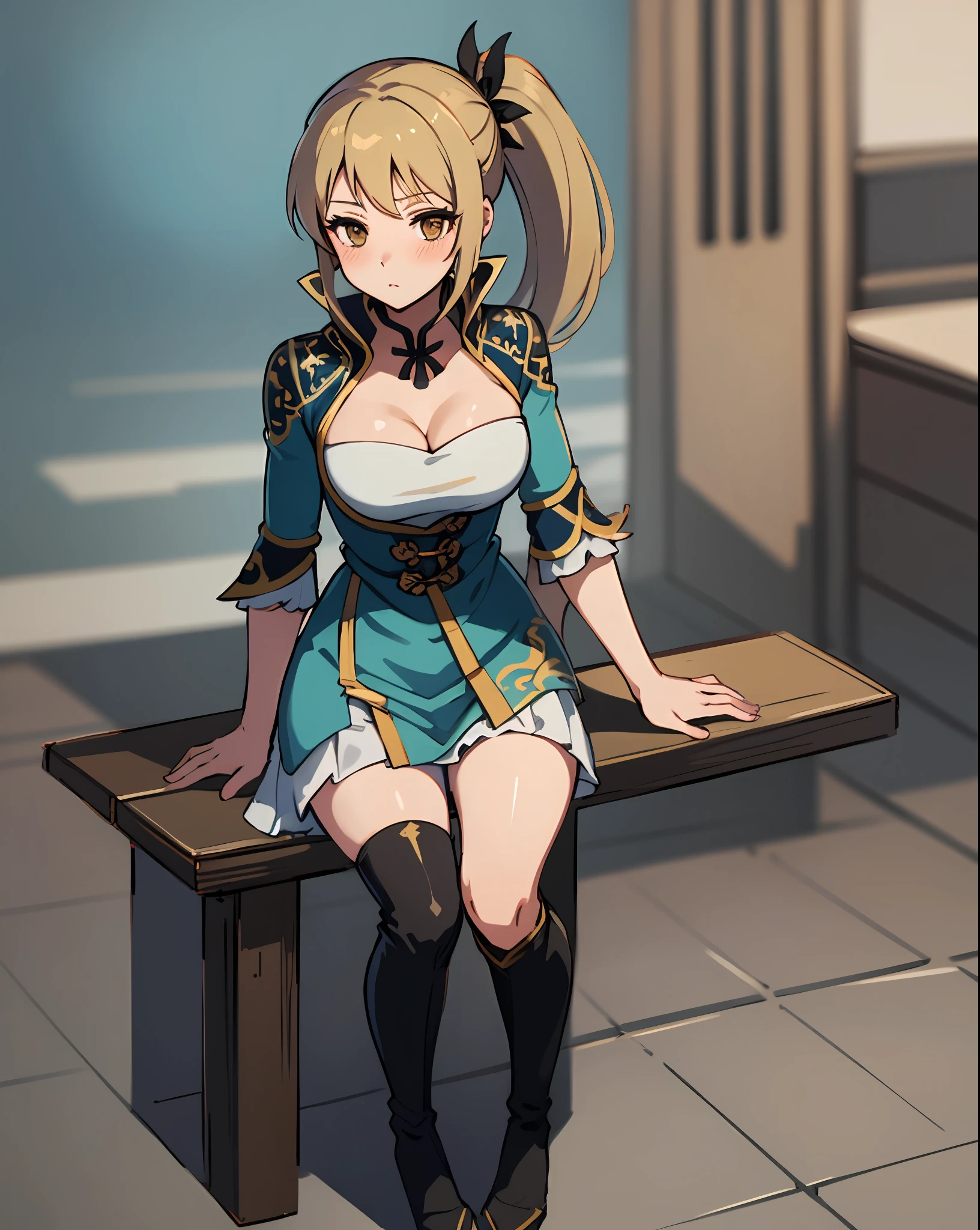 best quality, (masterpiece:1.2), illustration, absurdres,
(1girl, solo), (beautiful detailed girl), (cute:0.4), 
Wang Yuanji, blonde hair, ponytail, brown eyes, large breasts, 
aqua dress, ornate dress, cleavage, aqua skirt, black thigh boots, thighhigh boots, high heels,
blush, looking at viewer, 
(chinese architecture background), 
sitting, cowboy shot, full body,