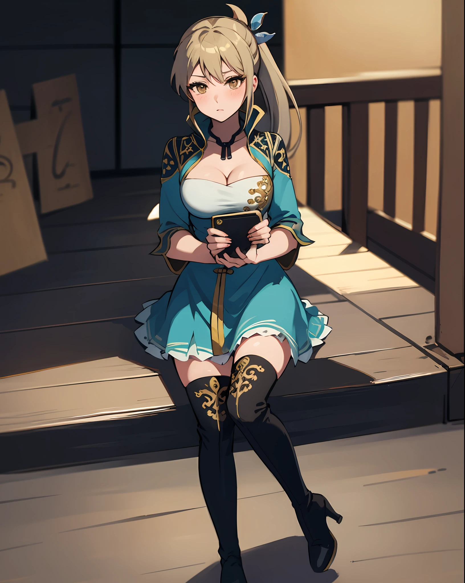 best quality, (masterpiece:1.2), illustration, absurdres,
(1girl, solo), (beautiful detailed girl), (cute:0.4), 
Wang Yuanji, blonde hair, ponytail, brown eyes, large breasts, 
aqua dress, ornate dress, cleavage, aqua skirt, black thigh boots, thighhigh boots, high heels,
blush, looking at viewer, 
(chinese architecture background), 
sitting, cowboy shot, full body,