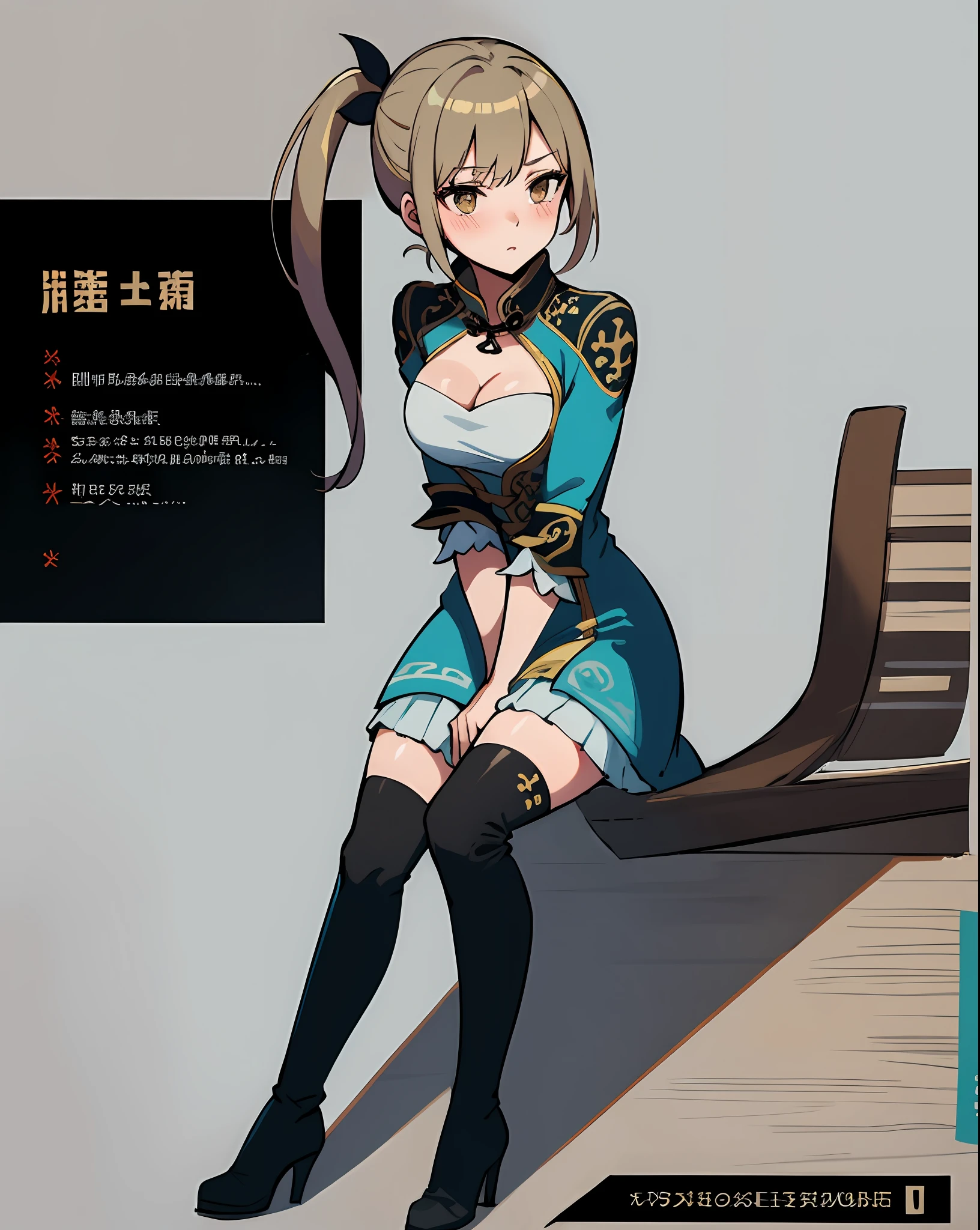 best quality, (masterpiece:1.2), illustration, absurdres,
(1girl, solo), (beautiful detailed girl), (cute:0.4), 
Wang Yuanji, blonde hair, ponytail, brown eyes, large breasts, 
aqua dress, ornate dress, cleavage, aqua skirt, black thigh boots, thighhigh boots, high heels,
blush, looking at viewer, 
(chinese architecture background), 
sitting, cowboy shot, full body,