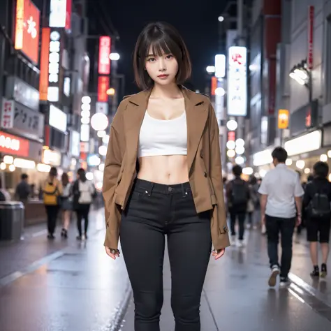 1girl, Tokyo street, night, cityscape, city lights, upper body, close-up, 8k, raw photo, best quality, masterpiece, realistic, photorealistic, brown hair, bob hair, sagging eyes, muscular, slender, full body, detailed fingertips, one woman, solo