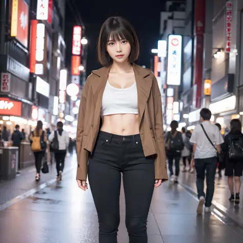 1girl, Tokyo street, night, cityscape, city lights, upper body, close-up, 8k, raw photo, best quality, masterpiece, realistic, photorealistic, brown hair, bob hair, sagging eyes, muscular, slender, full body, detailed fingertips, one woman, solo