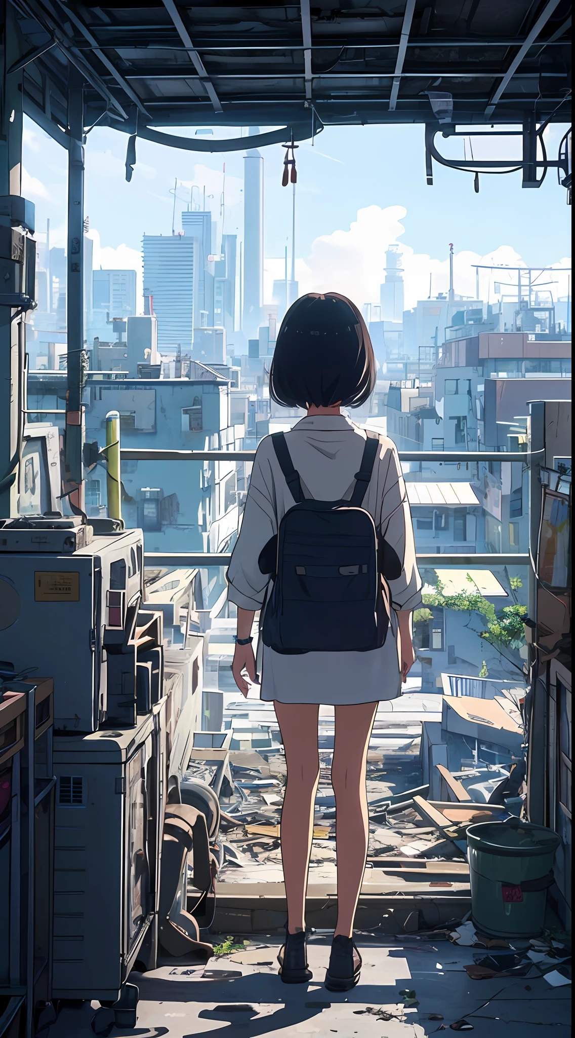 A ray of hope in a dystopia, a girl from the future who has wandered into the Islamic world, the back of a little girl in the back of the center of the screen, a complex cityscape, a devastated world, a pulling composition, industrial,