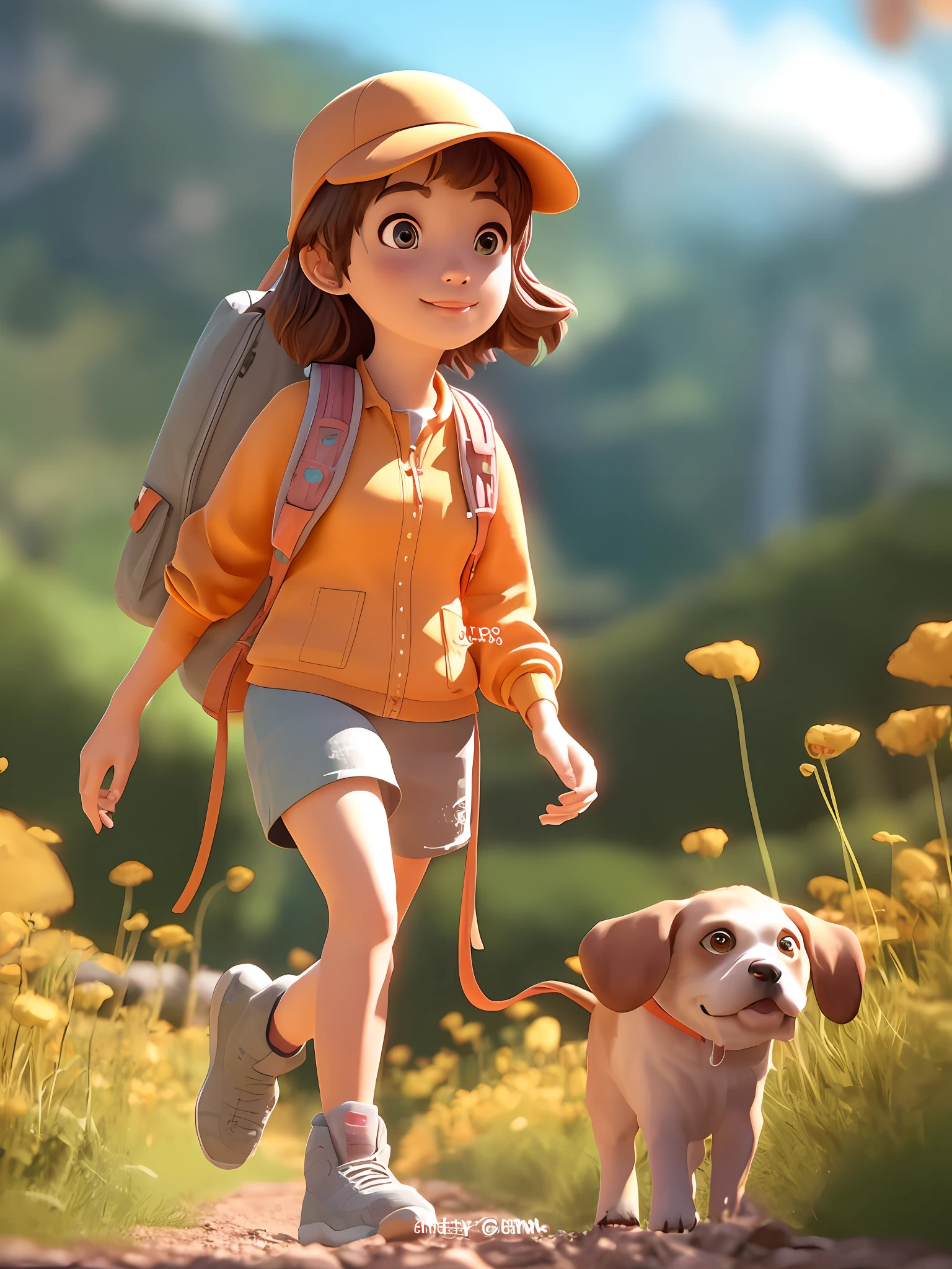 cartoon girl walking with a dog on a trail in a field, small character. unreal engine 5, animation style render, atey ghailan 8 k, childrens art in artstation, adventure hyper realistic render, adorable digital painting, cute 3 d render, cute detailed digital art, female explorer mini cute girl, inspired by Atey Ghailan