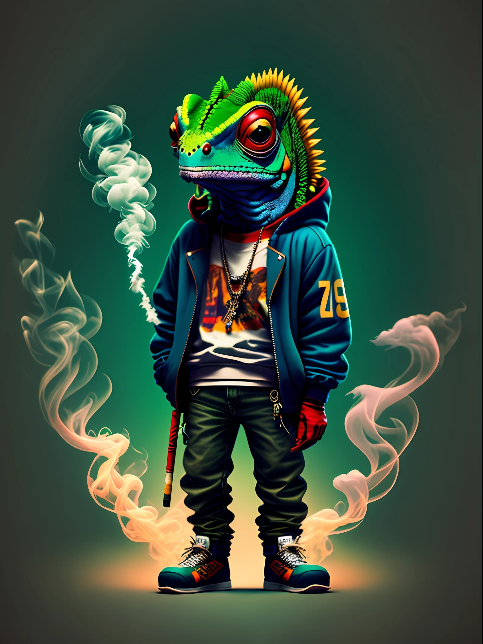 Image of a chameleon standing smoking a cigarette, wearing hip-hop style clothes, 90's style