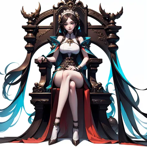 1 woman sitting on throne, full body, white background, xianxia, long hair, gorgeous hair accessories, hanfu, high detail, sketc...