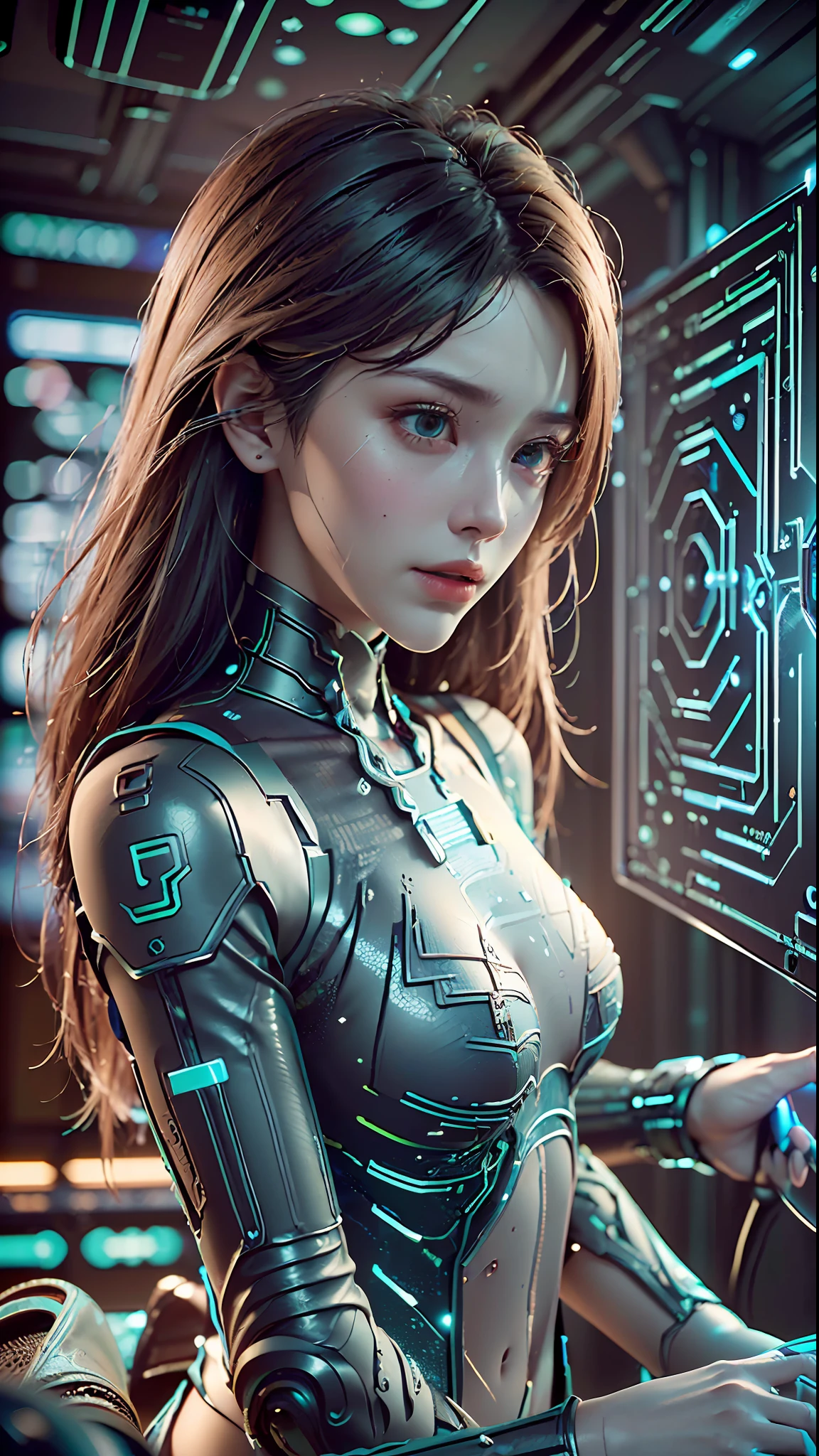 ((Best quality)), ((masterpiece)), (detailed:1.4), 3D, a beautiful cyberpunk female figure with thick hair, indoors, looking at an electronic screen, thinking about problems, looking focused, holding an electronic pen in hand, inside the spaceship, (((seven-dimensional photo)), (full-coverage electronic leather clothing), luminescence, light particles, (((glow)), pure energy chaos anti-technology, HDR (high dynamic range), (high light and dark contrast), ray tracing, NVIDIA RTX, Super-Resolution, Unreal 5, Subsurface scattering, PBR Texturing, Post-processing, Anisotropic Filtering, Depth-of-field, Maximum clarity and sharpness, Multi-layered textures, Albedo and Specular maps, Surface shading, Accurate simulation of light-material interactions, Perfect Proportions, Octane Render, two-tone lighting, large aperture, low ISO, white balance, rule of thirds, 8K RAW