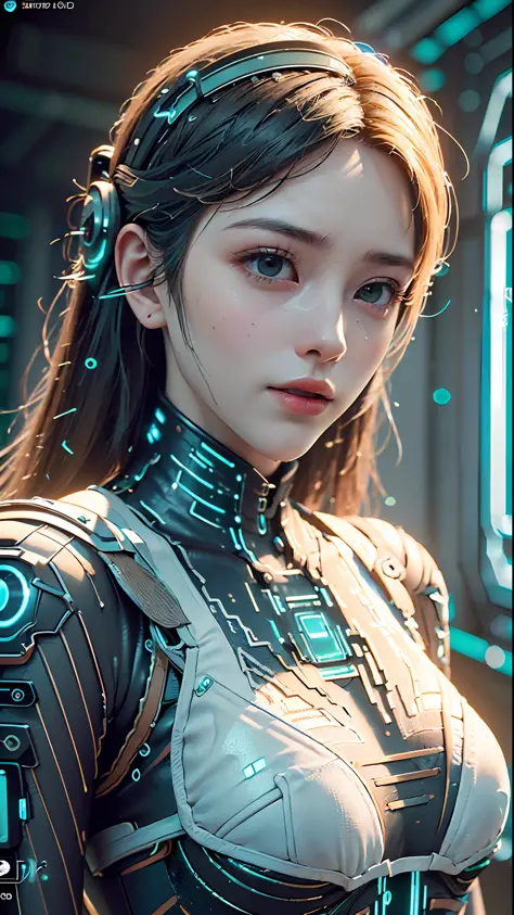 ((Best quality)), ((masterpiece)), (detailed:1.4), 3D, a beautiful cyberpunk female figure with thick hair, indoors, looking at ...