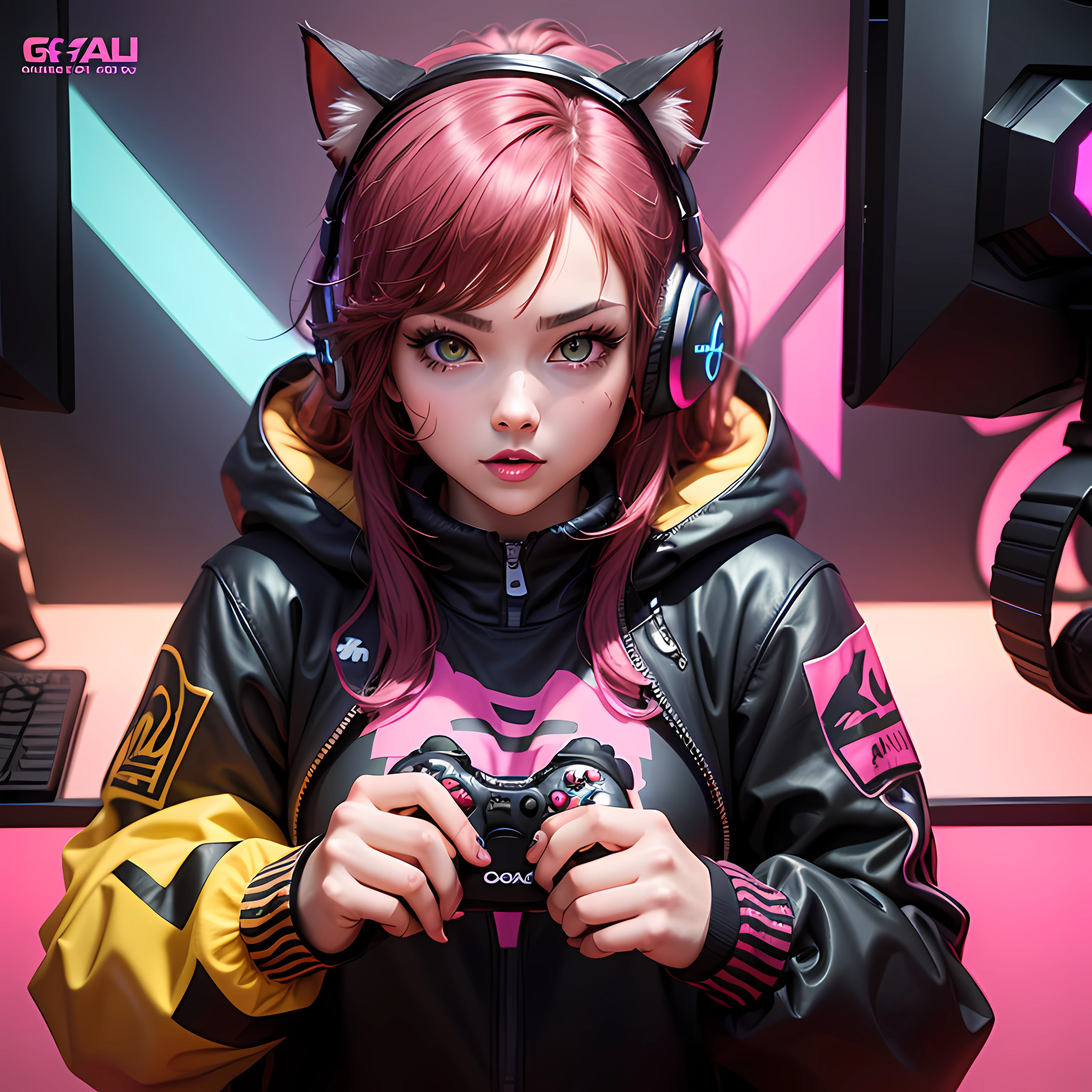 Anime girl with cat ears holding a camera in front of a computer - SeaArt AI