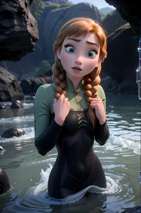 Photo of Anna of Arendelle wearing Blue gym outfit,  immobilized in the air by tentacles, in a scary flooded cavern , not enjoyi...