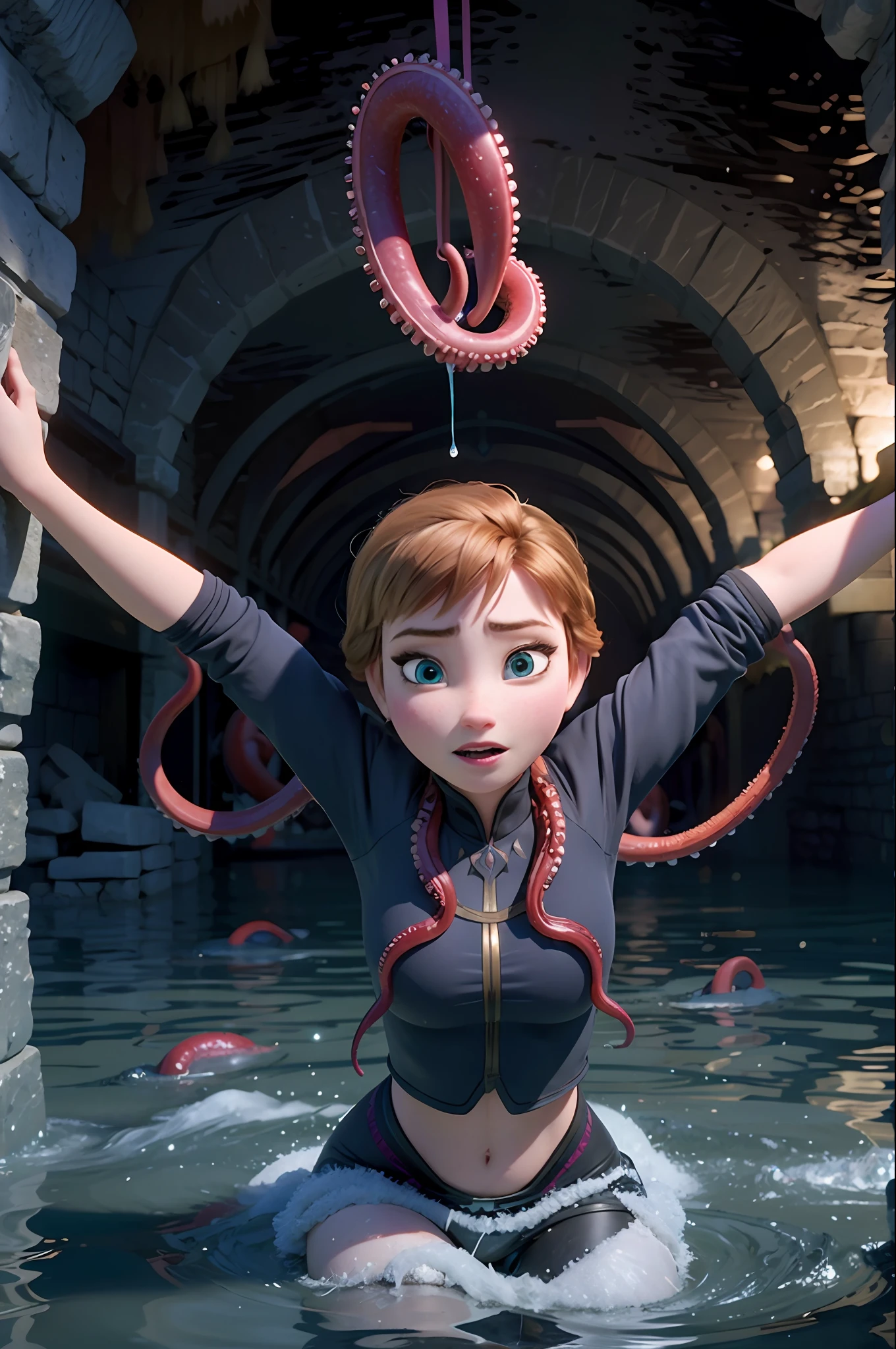 Photo of Anna of Arendelle wearing Blue gym outfit,  immobilized in the air by tentacles, in a scary flooded cavern , not enjoying herself, sad look, ashamed