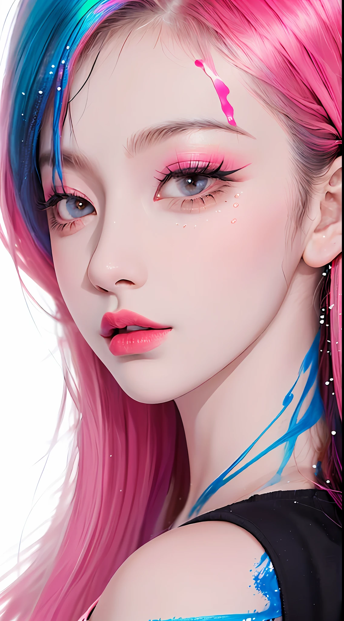 (Masterpiece, Best Quality, High Resolution), White Background, ((Paint Splash, Color Splash, Splash of Ink, Color Splash)), Sweet Chinese Girl, Rainbow Hair, Pink Lips, Front, Body