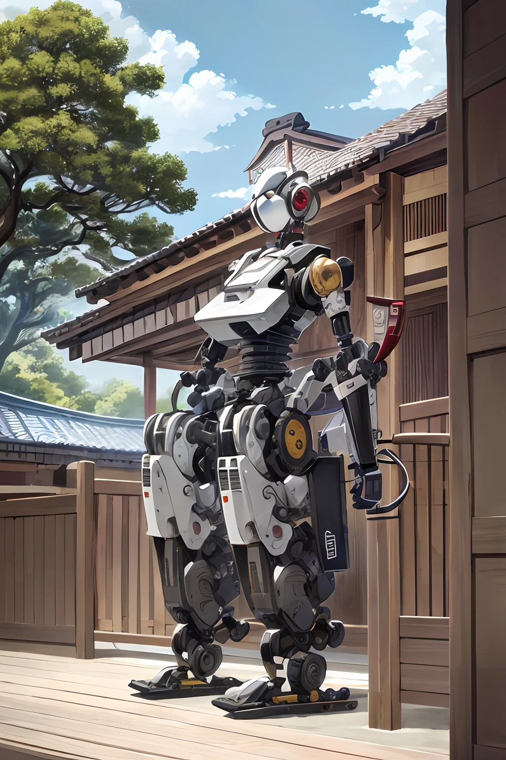 Black and white, Reiwa background, outside, Showa background, Karakuri robot, material, wood, high image quality, delicate machinery, detailed robot, Edo period background, live-action-like, realistic